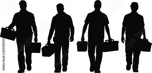 Bild auf Leinwand Worker silhouettes carrying toolboxes featuring industrial labor construction ma