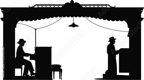 Schilderij op canvas Vintage theater stage silhouette featuring pianists performing classical music e