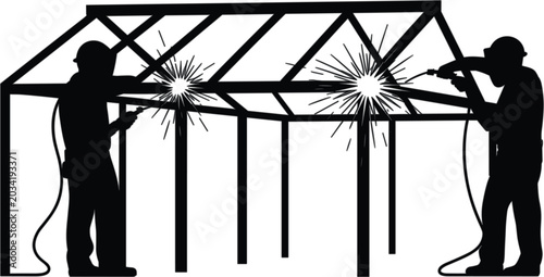 Tableau sur toile Industrial welders working on steel framework silhouette illustration featuring