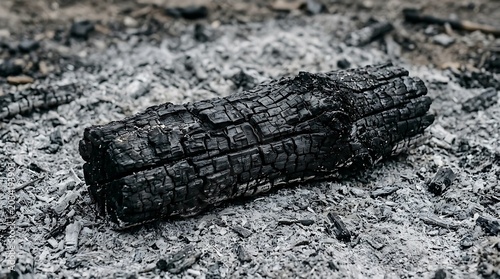 Charred log on a bed of ash and charcoal remains