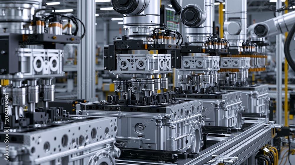 Fototapeta premium Medium shot showing robotic systems installing cylinder heads onto engine blocks with synchronized efficiency.