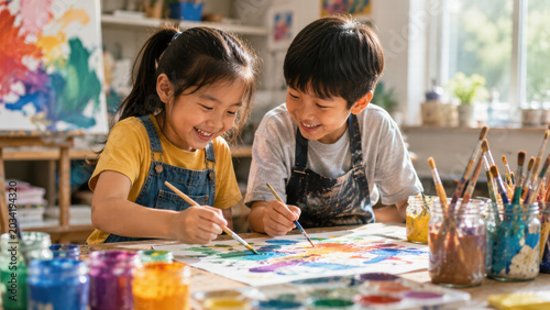 Children painting art in bright studio with happy smile and color on paper