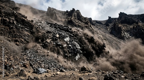 Dramatic rocky mountain landscape with dust storm