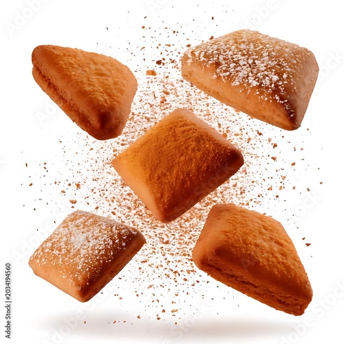 Golden baked pastries with scattered crumbs