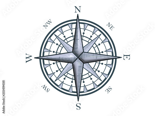 3D Intricate compass rose illustration with directional points