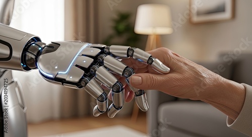 A human hand and a robotic hand touching fingers in a modern living room with a lamp and sofa in the background