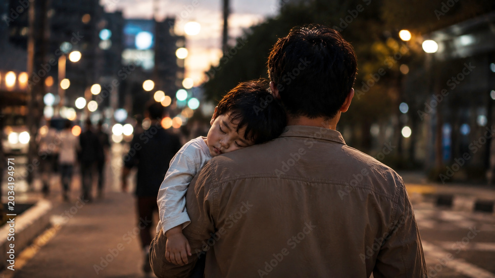 Fototapeta premium Father carrying sleeping child on city street for father's day