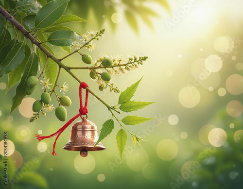 Close-up of a Decorative Bell Hanging from a Tree Branch in Nature.