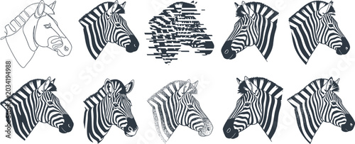 Canvas Print Zebra Head Vector Set with Abstract Glitch Line Art and Stippling Striped Africa