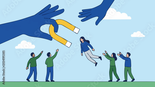 Obraz na plátně Talent acquisition strategy: large hand with magnet attracts employee