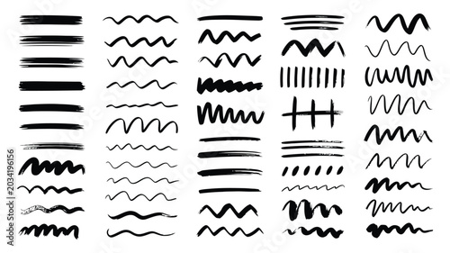 Fotografie Hand drawn doodle brush strokes and underline lines set, text highlighting and e