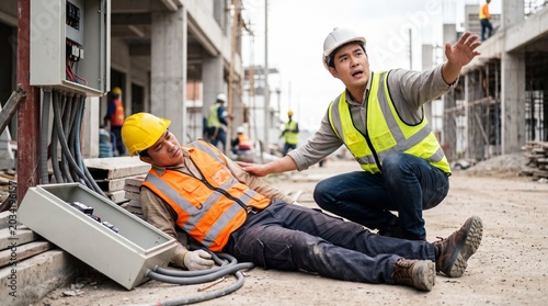 Construction Site Accident: A construction worker lies on the ground after an accident, while another worker, wearing a safety vest and hard hat, reaches out to help him.