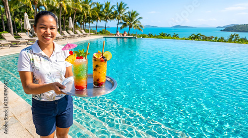 Smiling resort staff serving tropical cocktails by infinity pool.
