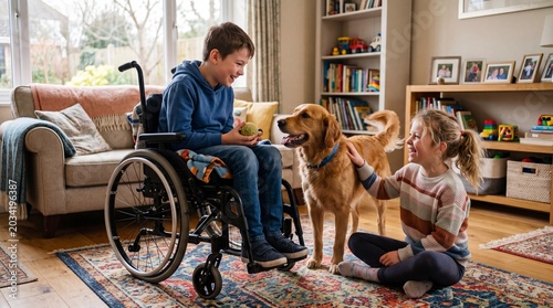 Joyful Afternoon Together: A young boy in a wheelchair shares a tender moment with his sister and their golden retriever, enjoying a warm afternoon in their cozy living room.