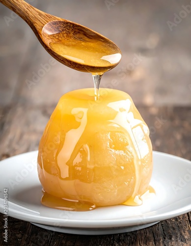 Glossy Golden Dessert Drizzled with Syrup on White Plate