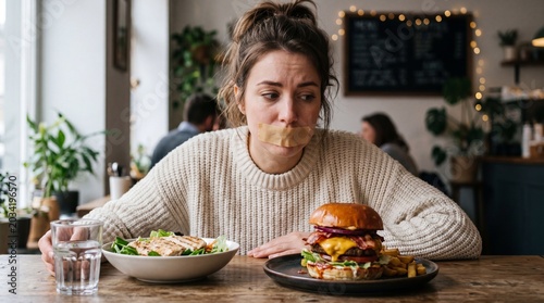 Conflicted Choice: A young woman with tape over her mouth sits at a table with a salad and a burger, facing a difficult dietary decision.
