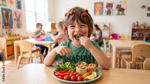 Joyful Kid Eating Healthy Food: A happy young boy with cherry tomatoes on his head enthusiastically eats broccoli and a wrap, surrounded by other children in a bright, colorful classroom setting.