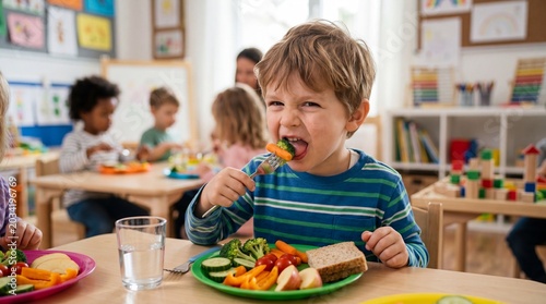 Lunchtime Joy: A young boy happily eats a healthy meal of vegetables and sandwiches at a daycare classroom, surrounded by other children enjoying their lunch.