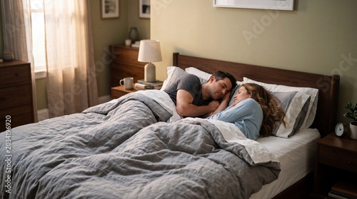 Couple Sleeping Peacefully: A man and a woman sleep soundly in a cozy bed, their bodies nestled together under a warm duvet, symbolizing comfort, intimacy, and rest.