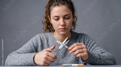 Breaking Free: A determined young woman uses scissors to cut a cigarette in half, symbolizing the struggle and decision to quit smoking.
