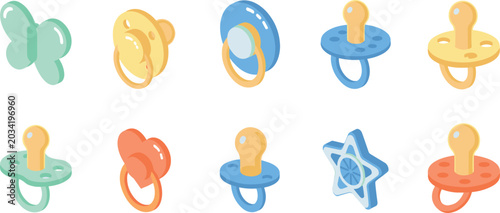 Foto Isometric Baby Pacifier Icon Set with Colorful Heart Star and Butterfly Shaped S