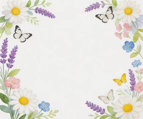 This watercolor artwork features a blank background with floral and butterfly decorations on all four corners, creating a delicate frame for text or design use.