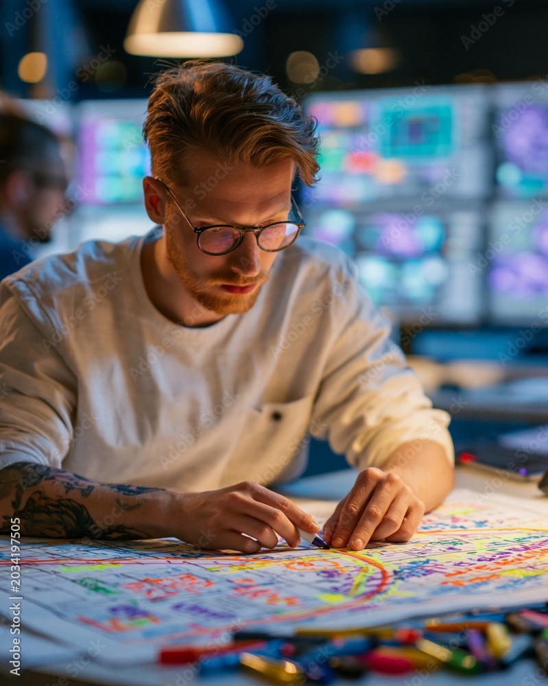 Fototapeta premium Nightshift operator in a warehouse office traces signal gaps on a floor plan with vibrant markers illuminated by the soft glow of control monitors in a shallow depth of field.