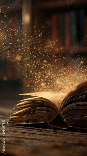 Magic sparks from an open book inside a cozy library with warm light and a sense of wonder in the evening time