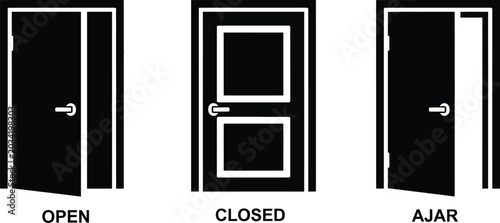 Photos Three black and white door labeled open, closed, and ajar door open door closed