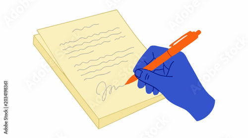 Photos Illustrated hand signing a document or contract with a pen on yellow paper