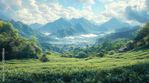 Morning mist over tea plantation, mountain village, scenic valley landscape