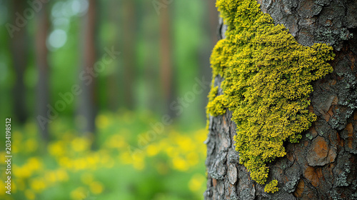 Mossy tree trunk in forest with wildflowers background