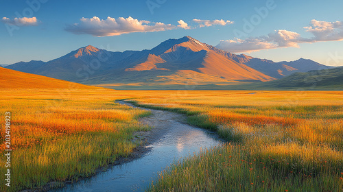 Mountain stream flows through golden meadow at sunset