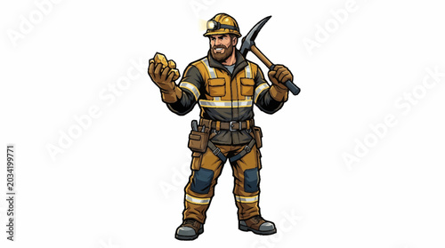 Foto Miner holding gold nugget and pickaxe illustration.