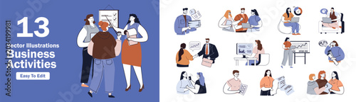 Business activities concept set in flat design for web. Collection with people brainstorming at presentation report meeting, planning marketing strategy, teamwork in office. Vector illustrations.