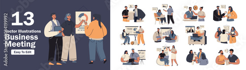 Business meeting concept set in flat design for web. Collection with people communicating at presentation report meeting, teamwork in office, discussing financial strategy. Vector illustrations.