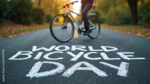 'World Bicycle Day' note on the road and a cyclist in the background