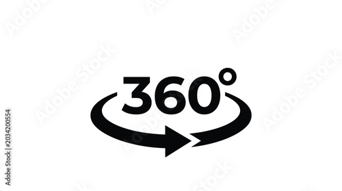 Black graphic icon representing a three hundred sixty degree view rotation symbol isolated on a plain white surface captured as a high quality digital design photo