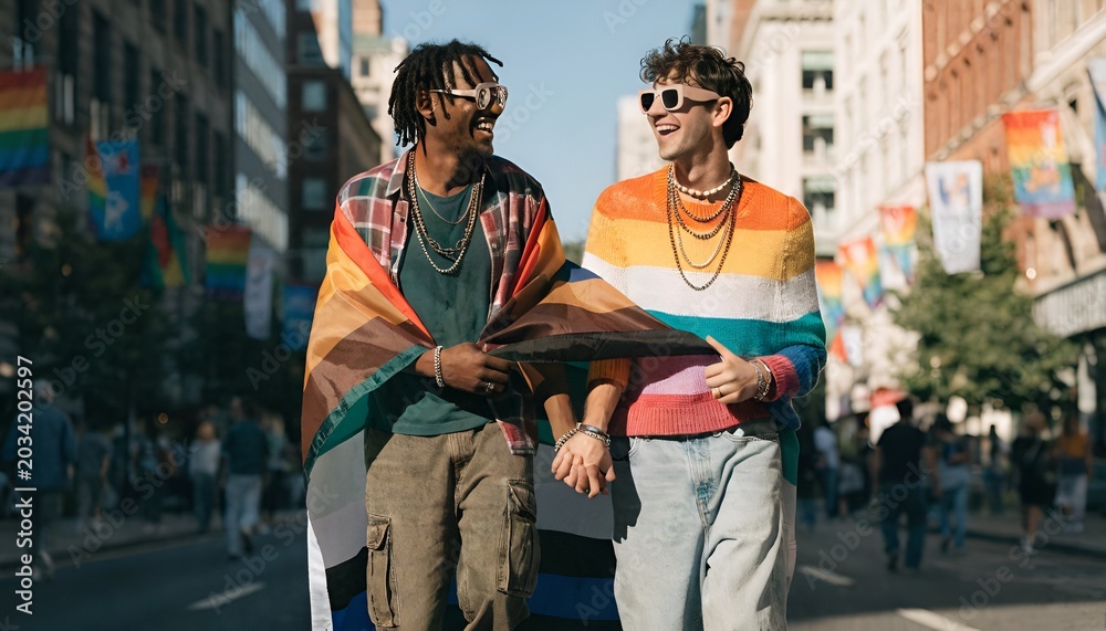 Obraz premium Happy Gay Couple Holding Hands at Pride Parade with Rainbow Flag