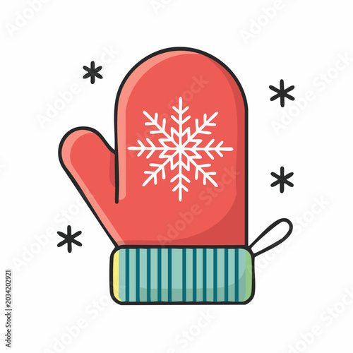 Red Mitten with Snowflake Icon and Snowflakes