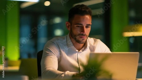Man working late at night on a laptop in a modern office setting with green lighting