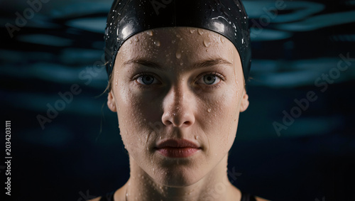 Close up an athlete swimmer woman , serious mood , black water is background.
