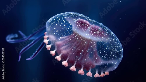 Exploring the beauty of a jellyfish swimming in the ocean at night in a vibrant underwater world