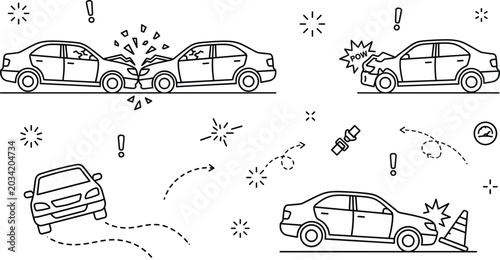 Cuadro en lienzo Car accident and crash icon set line art vector doodle illustration with auto co