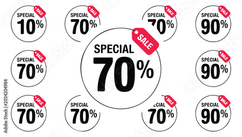 Tableau sur toile Special sale discount tags for 10, 70 and 90 percent off promotion
