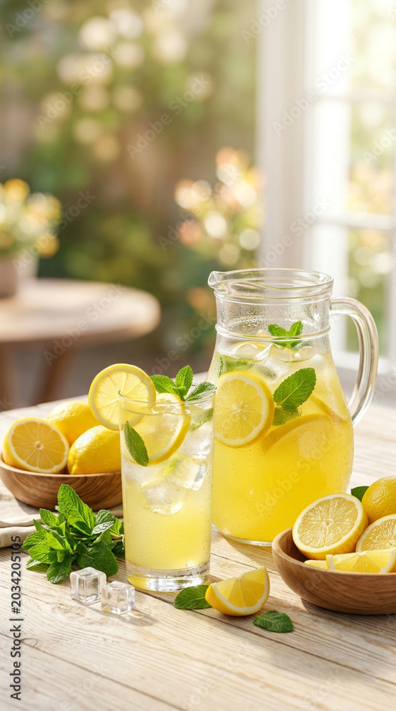 Fototapeta premium AI-generated homemade lemonade with fresh lemon juice, water, and sugar for a refreshing taste