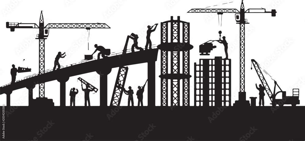 Naklejka premium Construction site silhouette with workers, cranes and building structures