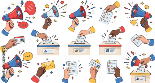 Fotografi Election Voting and Public Referendum Vector Icon Set with Megaphones and Ballot