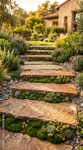 Natural flagstone step with green moss and succulent plant leading to Mediterranean house garden at golden hour