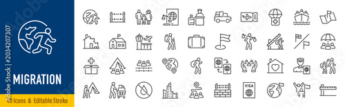 Migration web icons in line style. Visa, nation, war, country, conflict, passport, crisis, immigration, migrant, help, collection. Editable stroke. Vector illustration.
